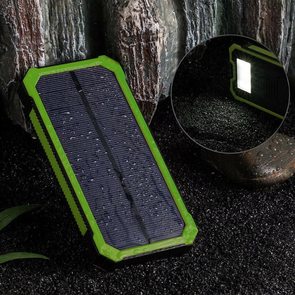 Orange three proofs solar power bank showing solar panel and USB ports