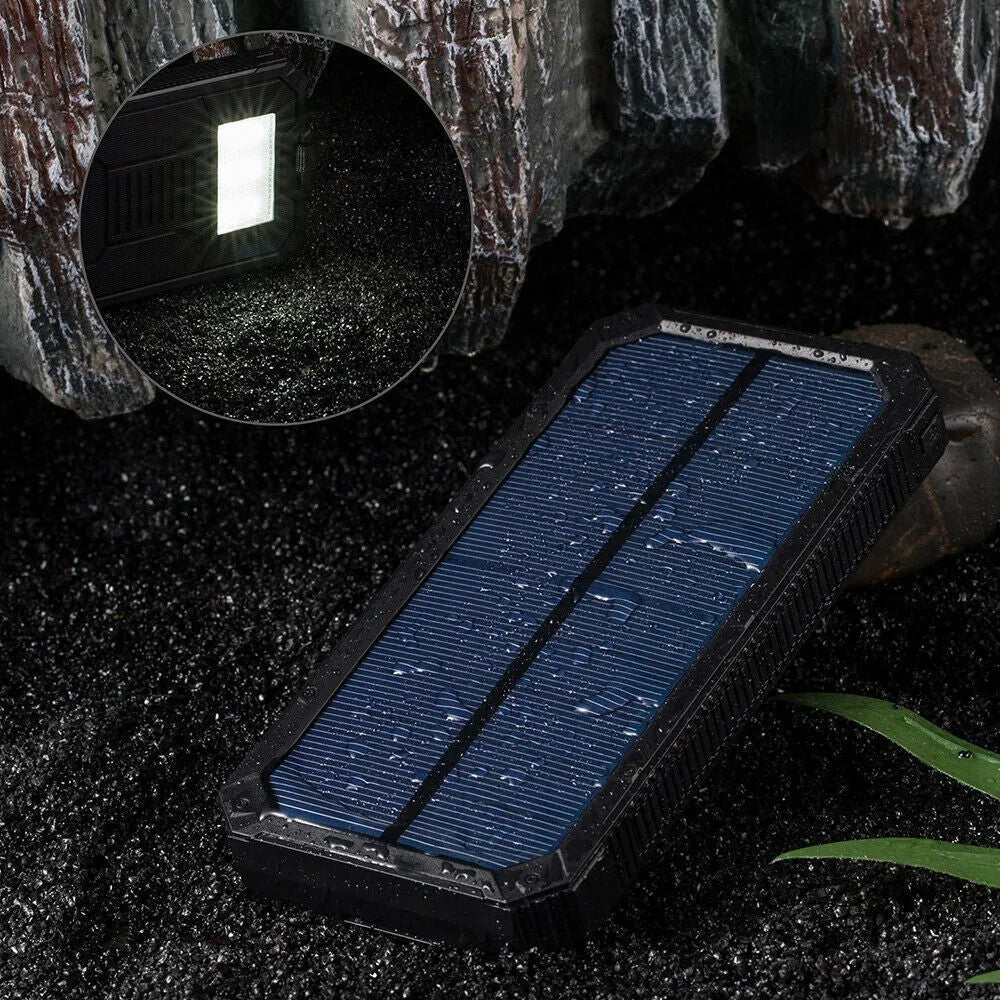 Orange three proofs solar power bank showing solar panel and USB ports