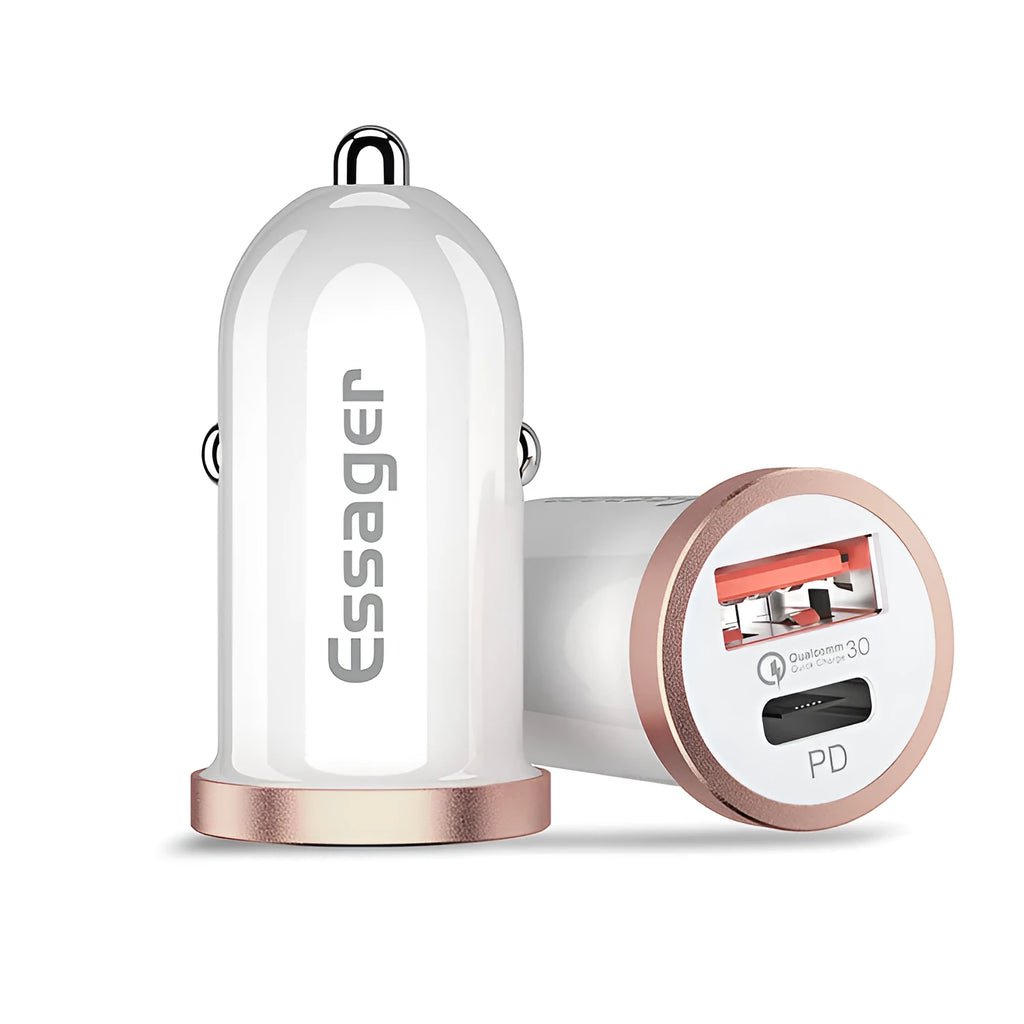 White mini 30W dual QC3.0 PD car charger with USB and Type-C ports