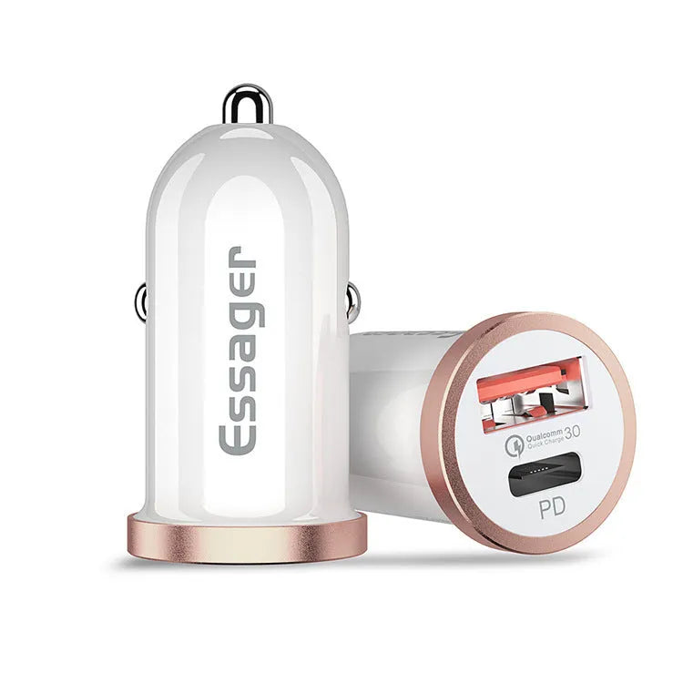 White mini 30W dual QC3.0 PD car charger with USB and Type-C ports