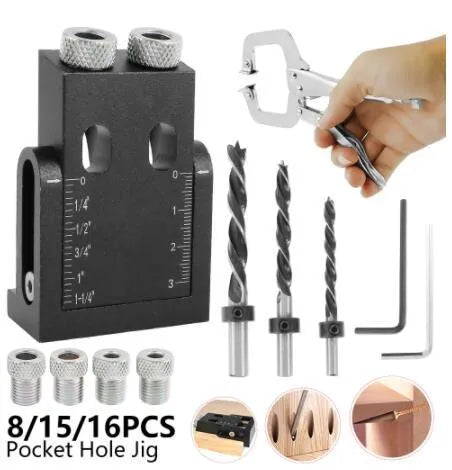 Black aluminium alloy woodworking perforation locator tool with drill bits and sleeves for dowel joinery.