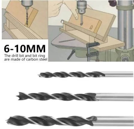 Black aluminium alloy woodworking perforation locator tool with drill bits and sleeves for dowel joinery.