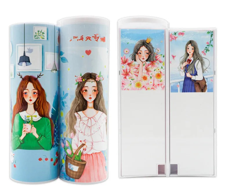 Long double-layer plastic pencil case in a compact packaging box with multiple colour options