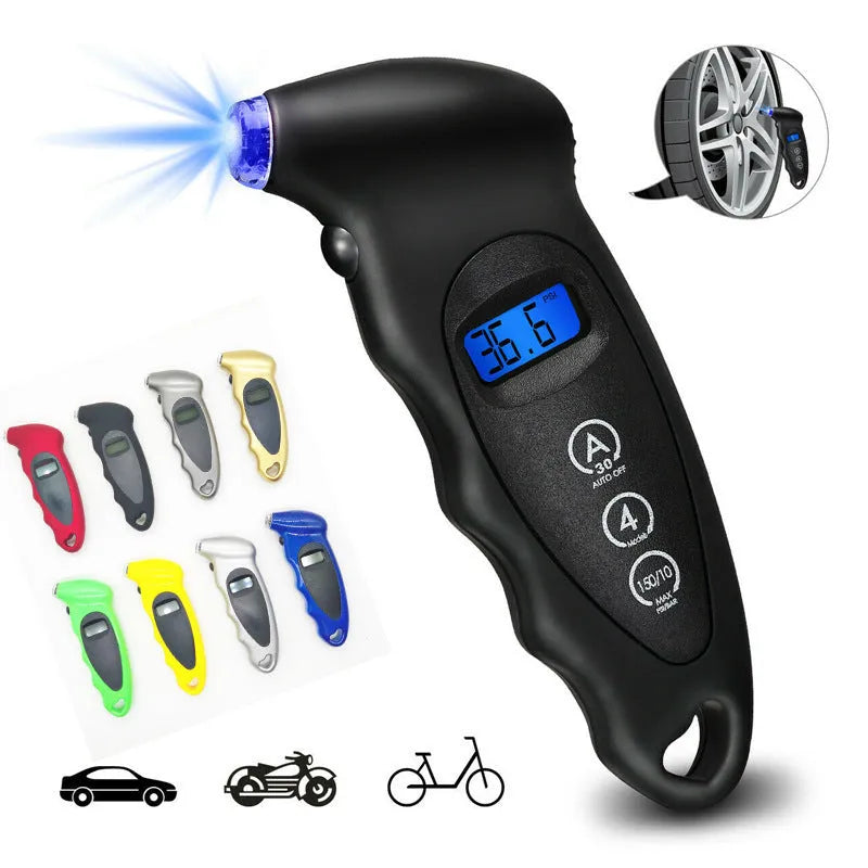Digital tyre pressure gauge with backlit LCD, handheld 13.8cm ABS body, 0-150psi range, shown in black