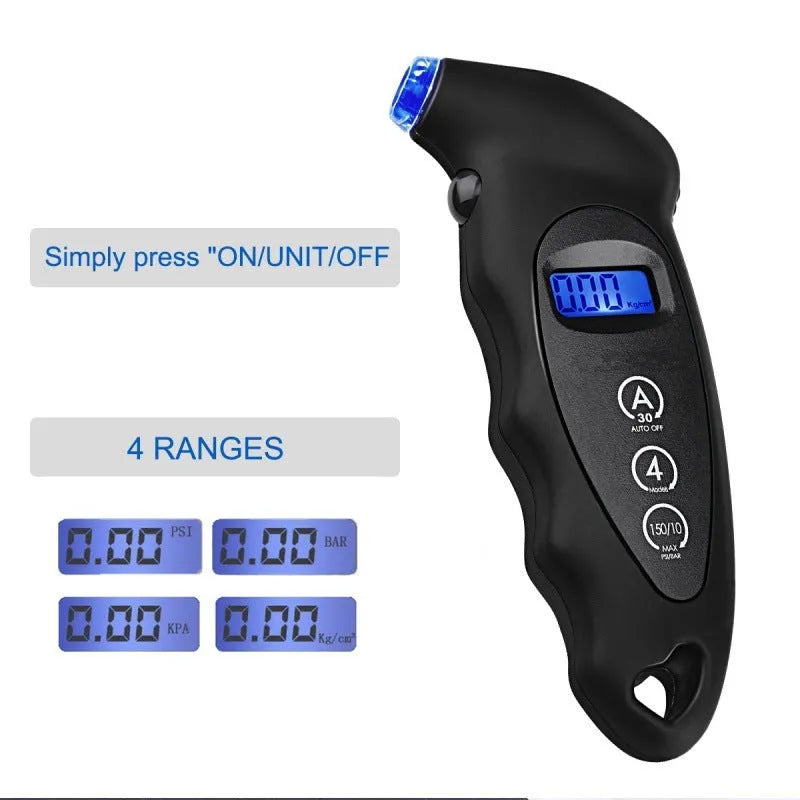 Digital tyre pressure gauge with backlit LCD, handheld 13.8cm ABS body, 0-150psi range, shown in black