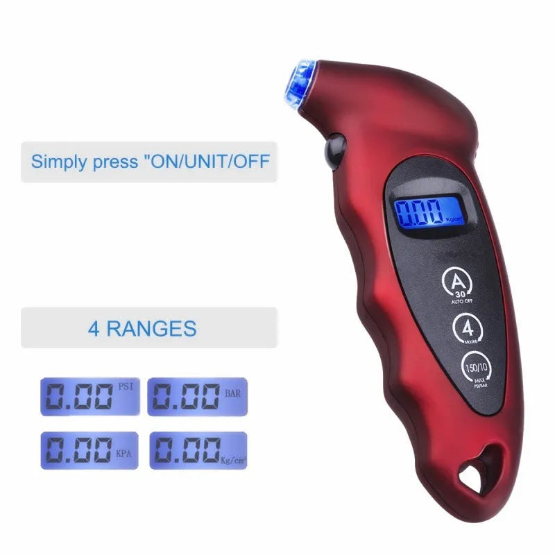 Digital tyre pressure gauge with backlit LCD, handheld 13.8cm ABS body, 0-150psi range, shown in black