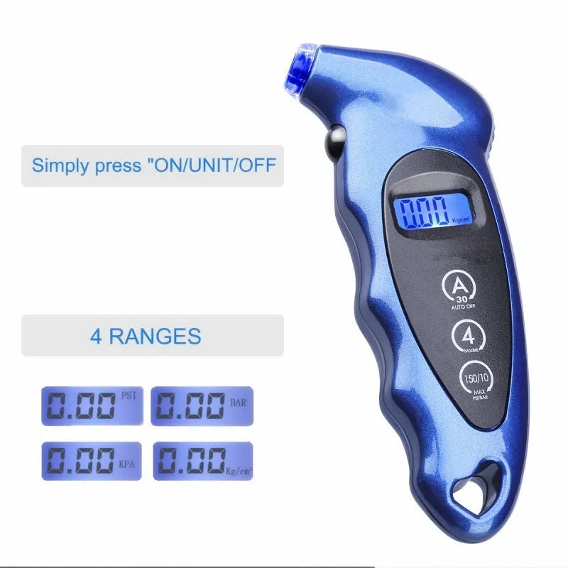 Digital tyre pressure gauge with backlit LCD, handheld 13.8cm ABS body, 0-150psi range, shown in black