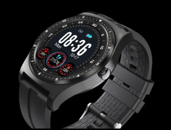 Black Full Circle Full Touch Smart Watch with heart rate and blood pressure monitoring on a silicone wrist strap.