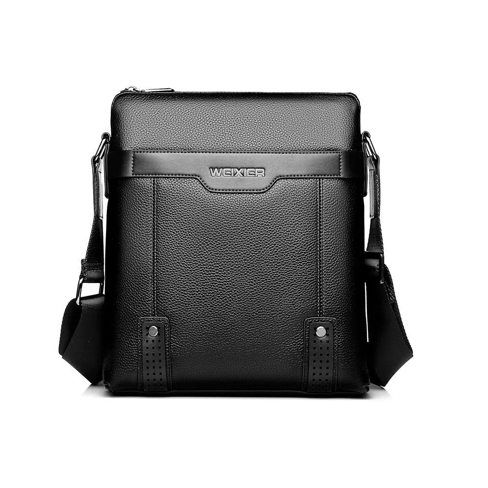 Men's black PU leather shoulder bag with zipper closure and adjustable strap