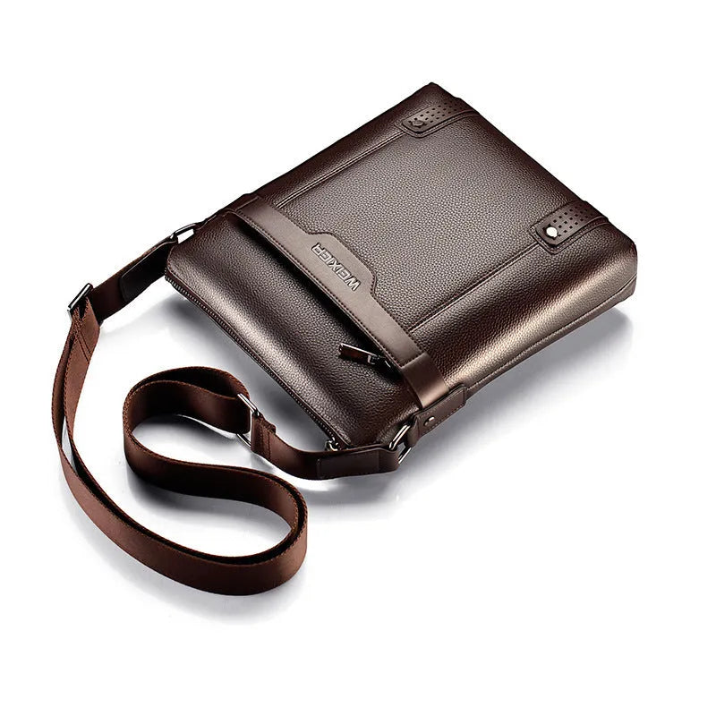 Men's black PU leather shoulder bag with zipper closure and adjustable strap
