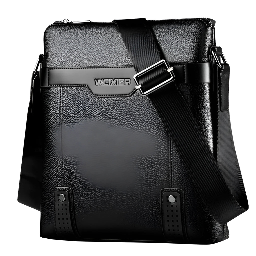 Men's black PU leather shoulder bag with zipper closure and adjustable strap