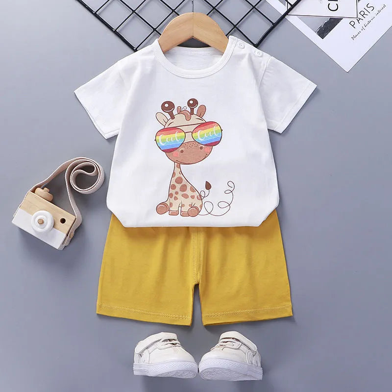 Children's cotton short-sleeved suit with shorts, enzyme-wash finish, plain pattern, available in multiple colours and sizes 73-130CM