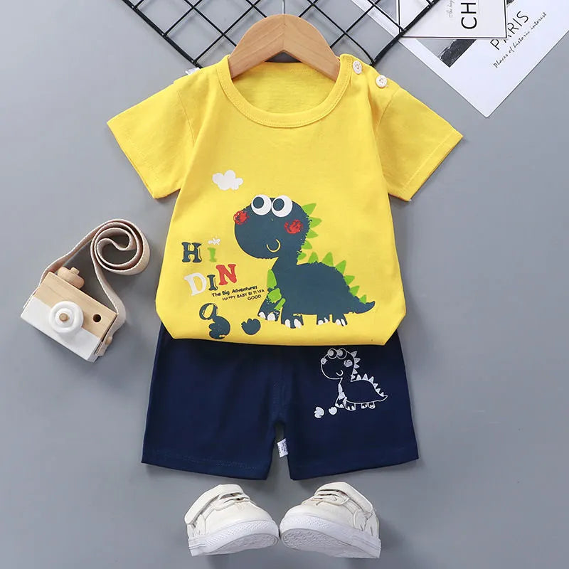 Children's cotton short-sleeved suit with shorts, enzyme-wash finish, plain pattern, available in multiple colours and sizes 73-130CM