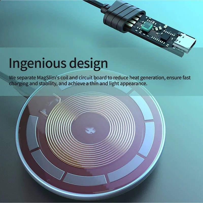 Black MagSlim magnetic wireless charging pad on a table next to a mobile phone.