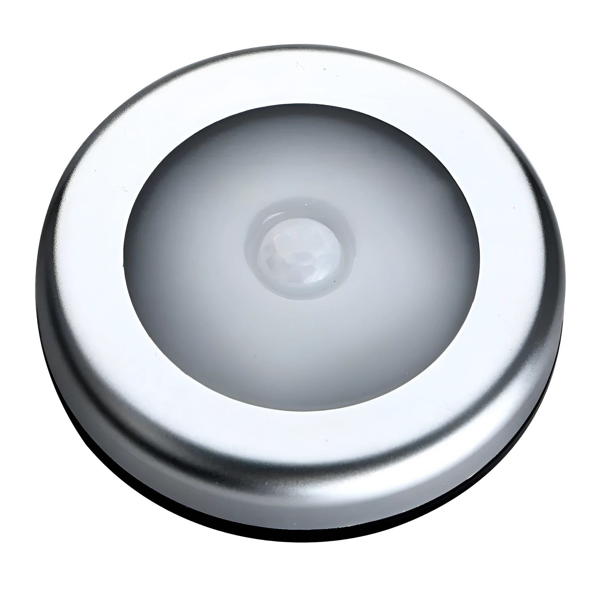 Silver wireless motion sensor night light with a square 80mm design on a table.