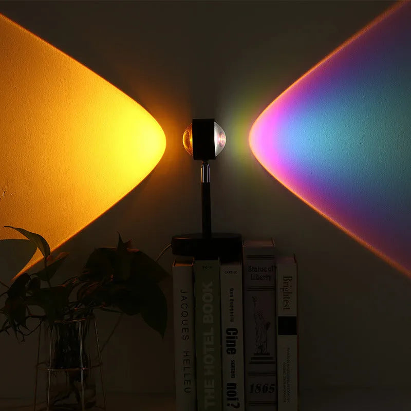Black USB dual-head sunset rainbow projection lamp with touch control for bedroom lighting