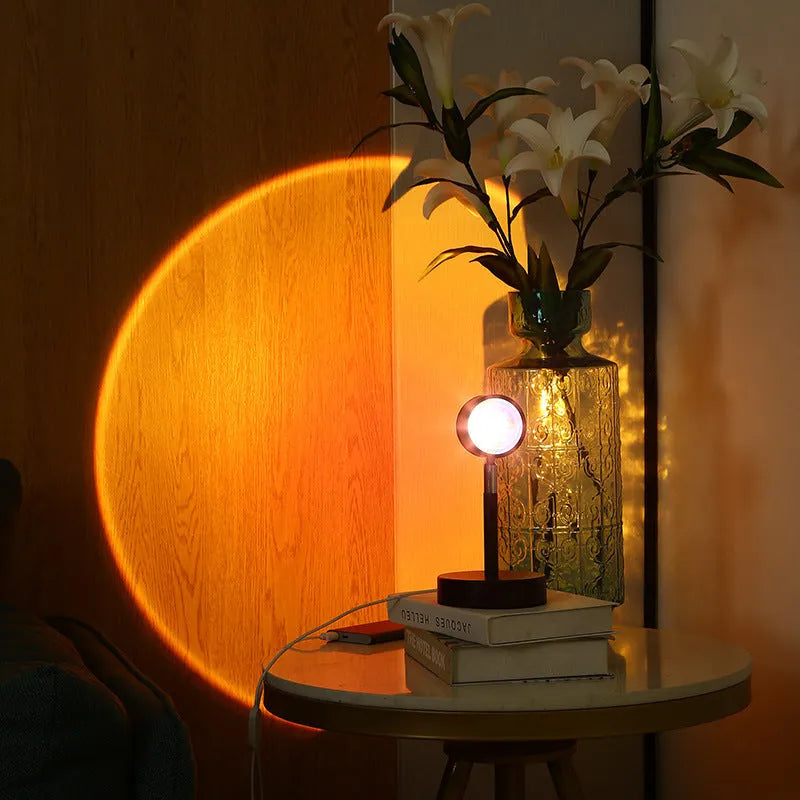 Black USB dual-head sunset rainbow projection lamp with touch control for bedroom lighting