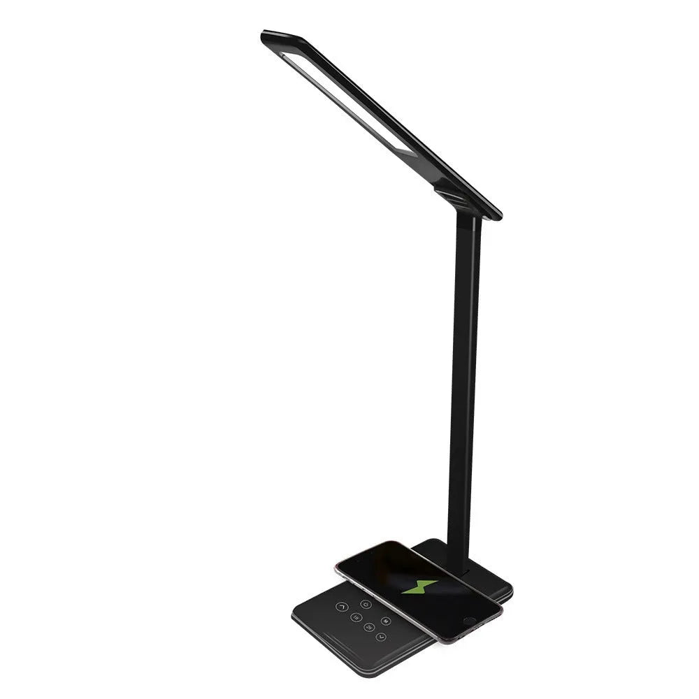 Black and white wireless charging desk lamp with touch controls and USB connection