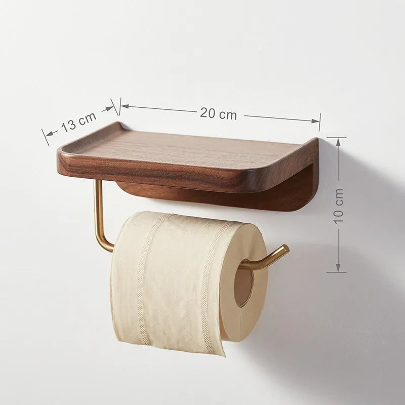 Solid wood wall-mounted paper towel holder with walnut wood and brass hardware
