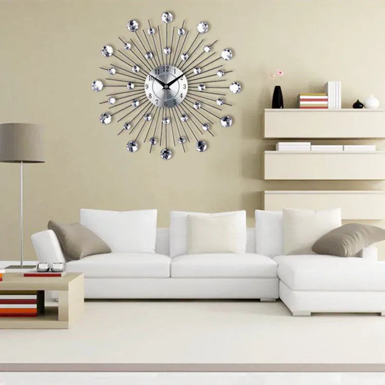Silver round wall clock with 33cm aluminium dial and metal frame showing pointer and number display