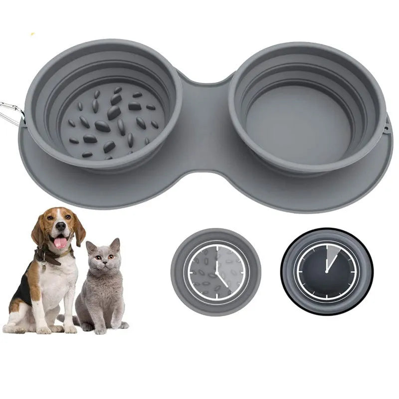 Grey silicone foldable double-section anti-choke slow food bowl for small and medium dogs