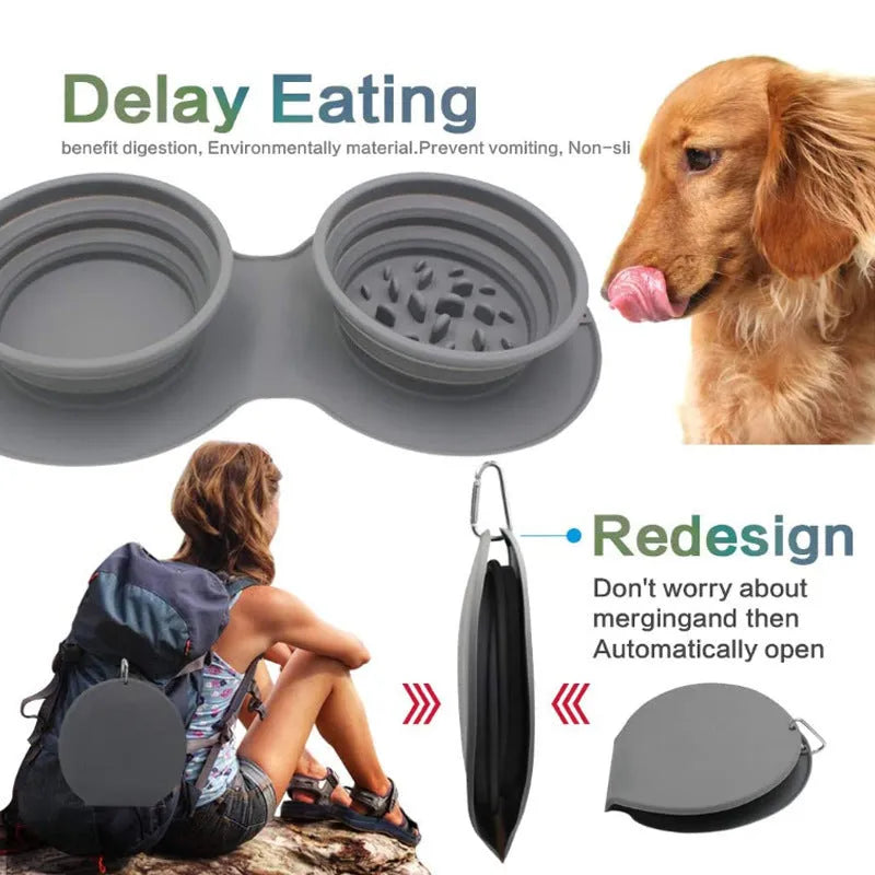 Grey silicone foldable double-section anti-choke slow food bowl for small and medium dogs