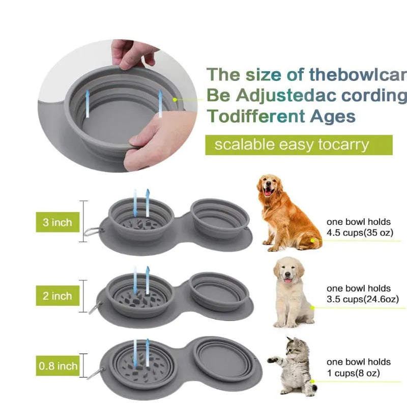Grey silicone foldable double-section anti-choke slow food bowl for small and medium dogs