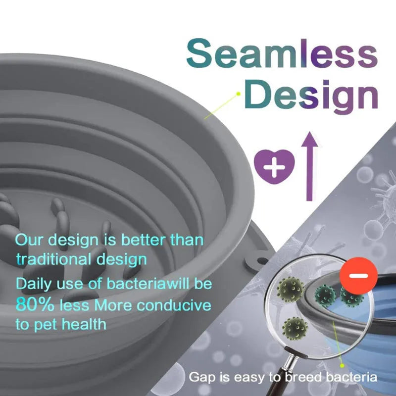 Grey silicone foldable double-section anti-choke slow food bowl for small and medium dogs