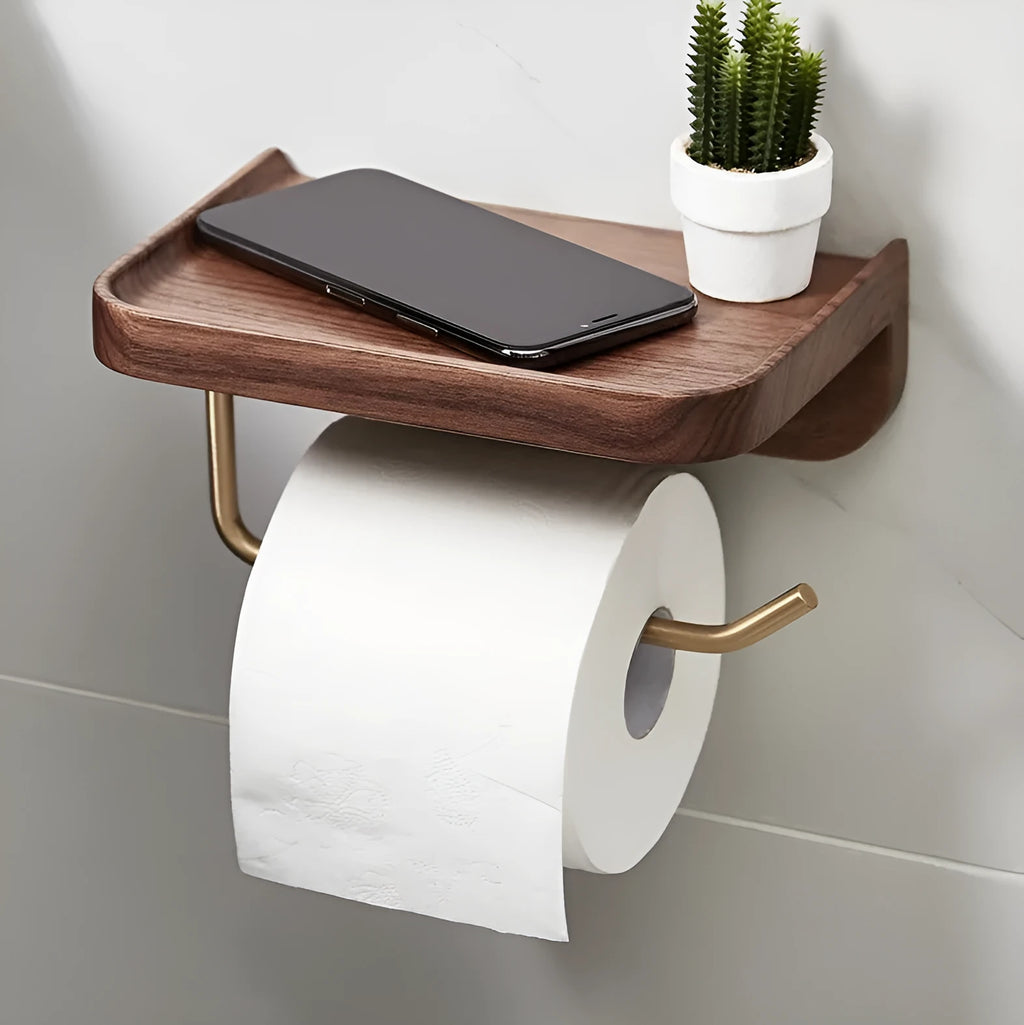 Solid wood wall-mounted paper towel holder with walnut wood and brass hardware
