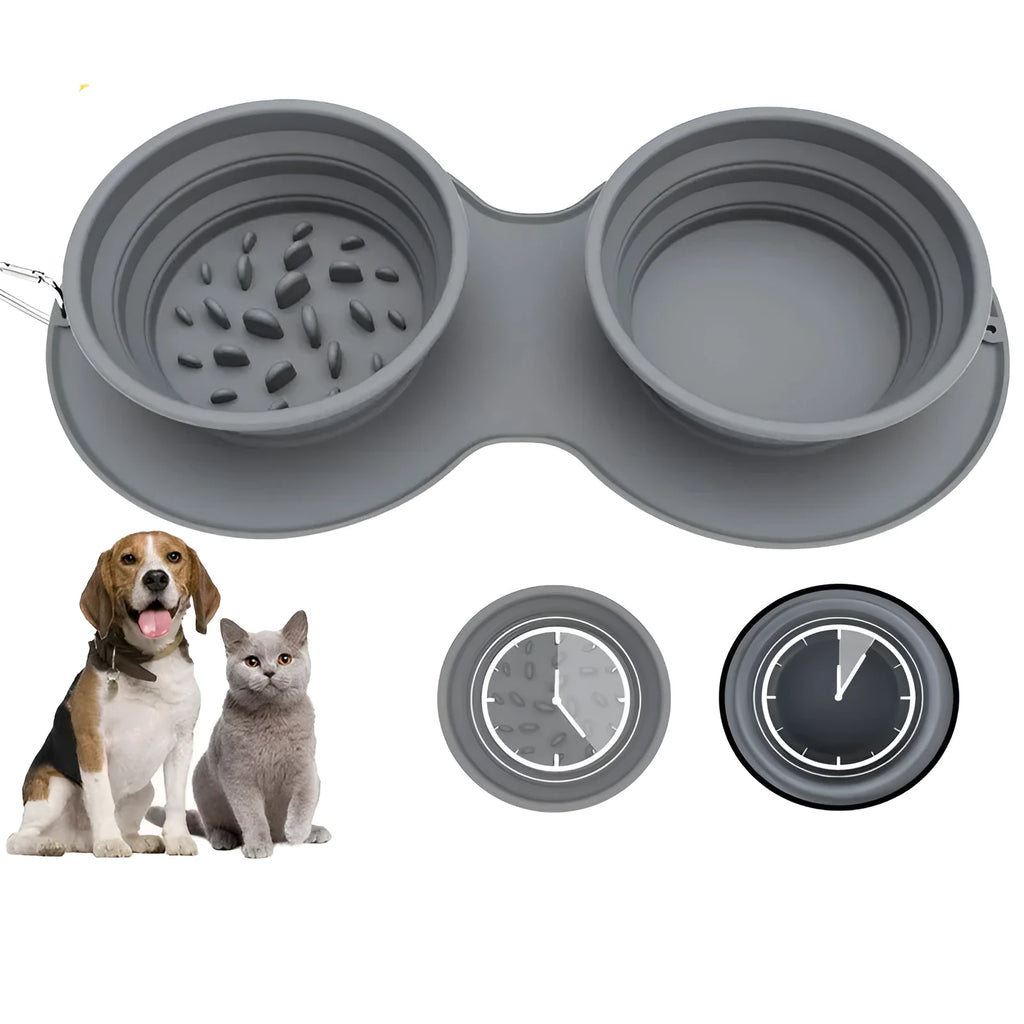 Grey silicone foldable double-section anti-choke slow food bowl for small and medium dogs
