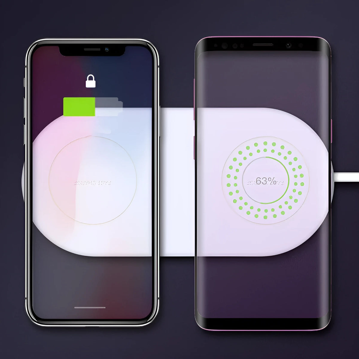 White dual mobile phone wireless charger showing two phones charging simultaneously