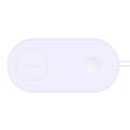 White dual mobile phone wireless charger showing two phones charging simultaneously