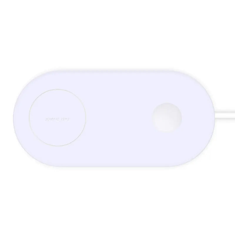 White dual mobile phone wireless charger showing two phones charging simultaneously