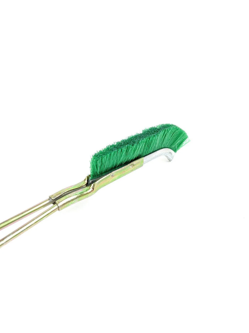 Green metal elbow brush with nylon wire bristles for rust removal and range hood cleaning