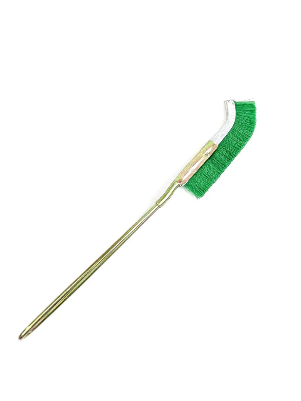 Green metal elbow brush with nylon wire bristles for rust removal and range hood cleaning