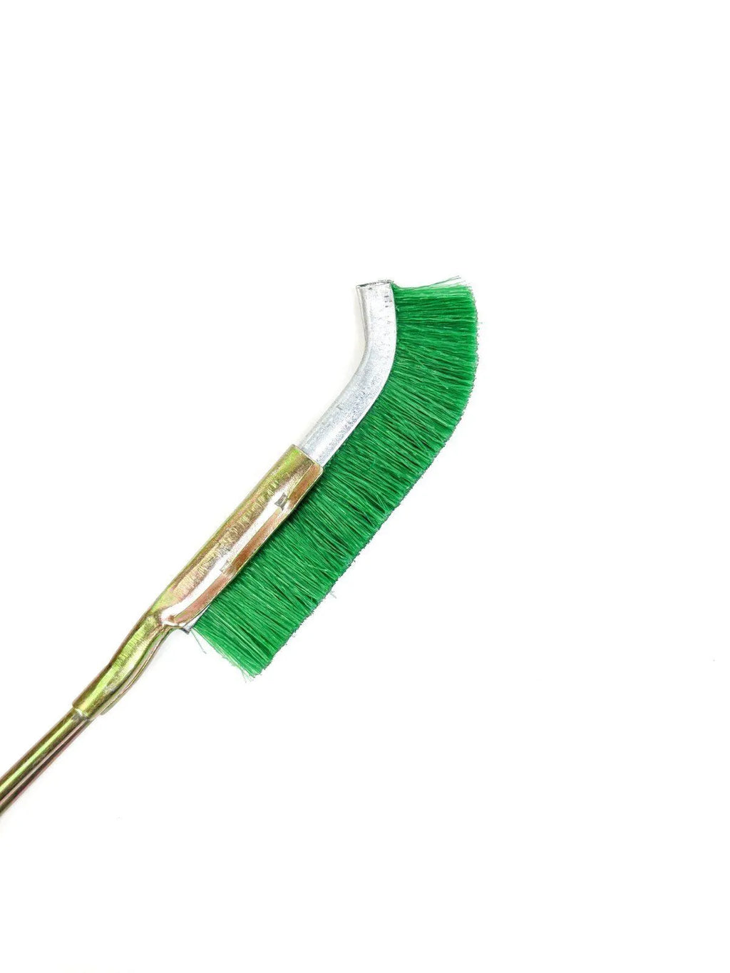 Green metal elbow brush with nylon wire bristles for rust removal and range hood cleaning