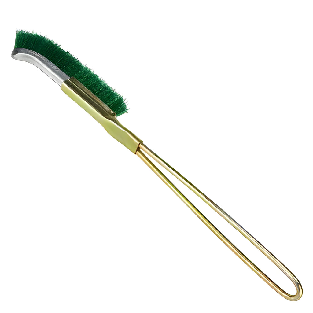 Green metal elbow brush with nylon wire bristles for rust removal and range hood cleaning