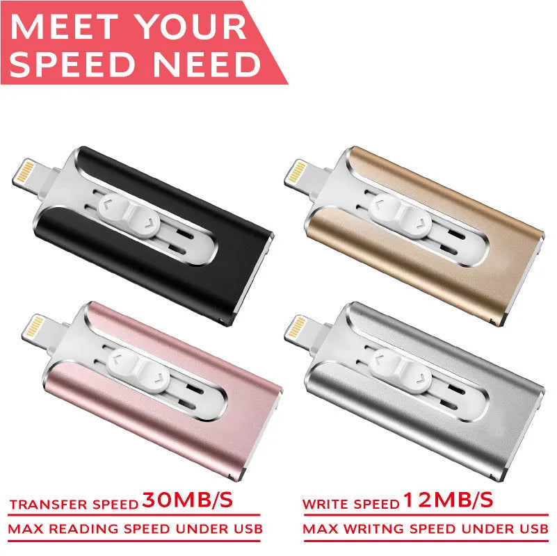 Metal three-in-one USB flash drive with USB and Lightning connectors for iPhone, Android, and computer.