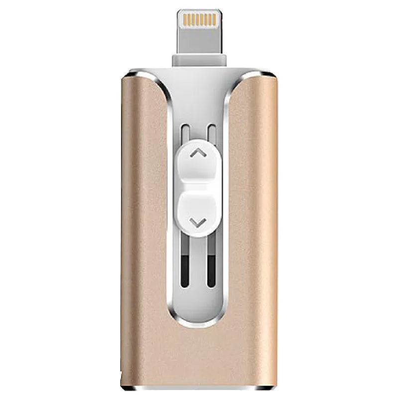 Metal three-in-one USB flash drive with USB and Lightning connectors for iPhone, Android, and computer.