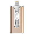 Metal three-in-one USB flash drive with USB and Lightning connectors for iPhone, Android, and computer.