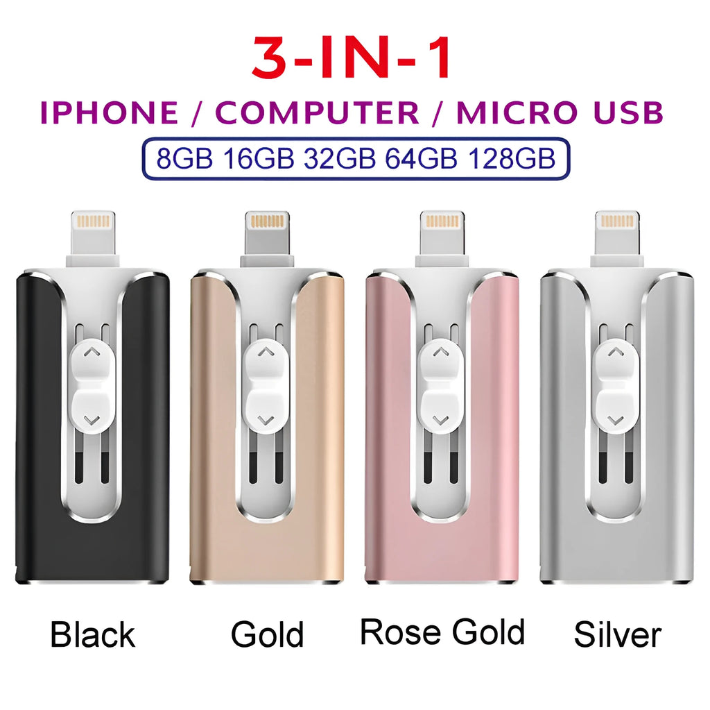 Metal three-in-one USB flash drive with USB and Lightning connectors for iPhone, Android, and computer.