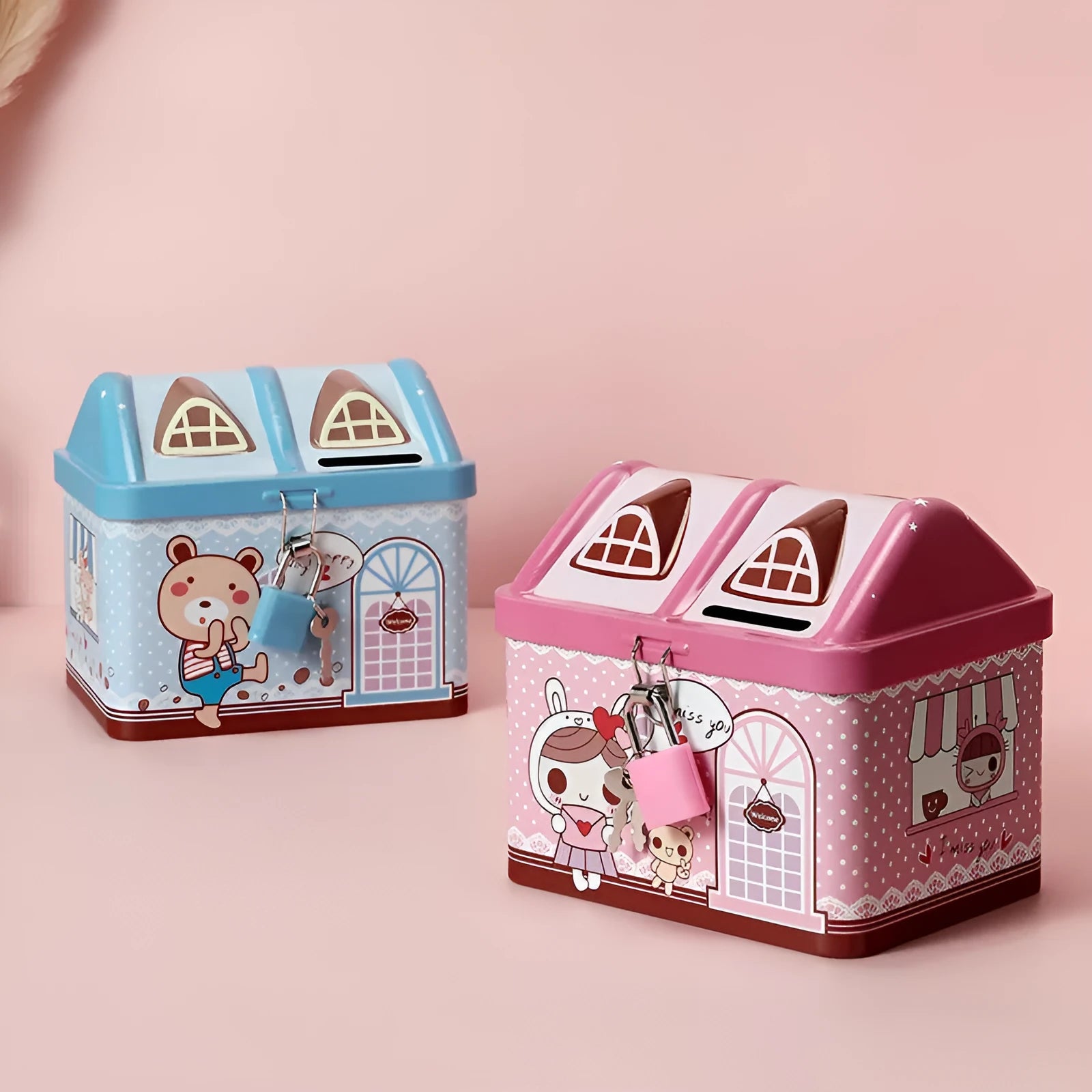 Blue house-shaped tinplate piggy bank for coins on a wooden desk