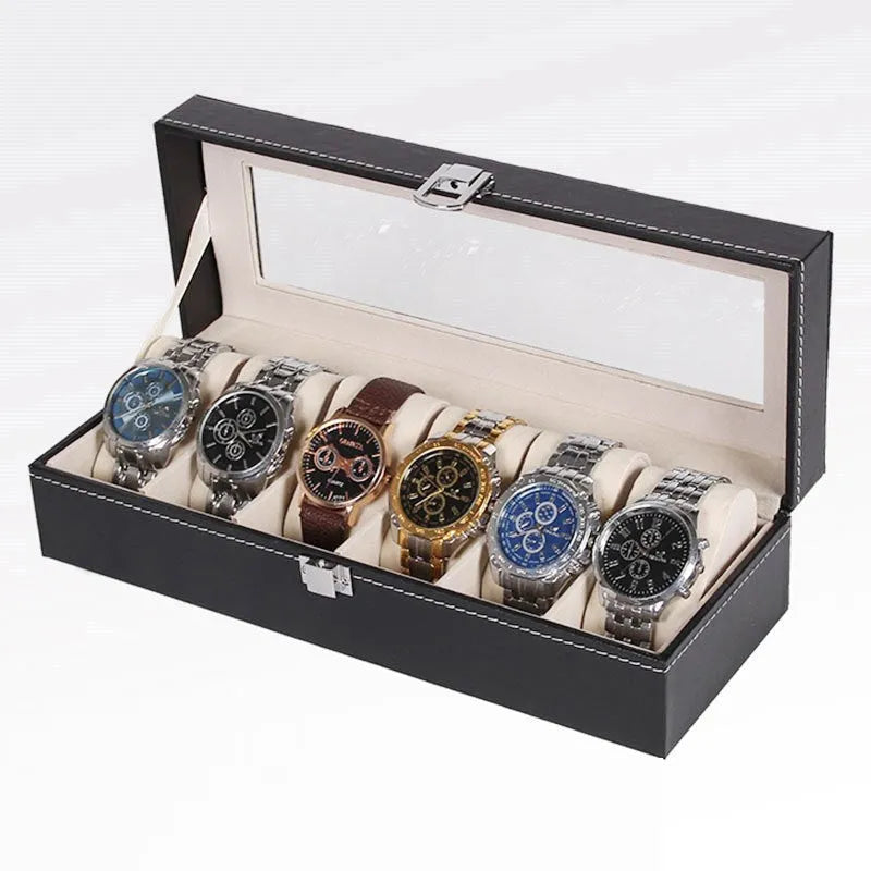 Black wooden watch display box with six clear windows for watch storage and presentation