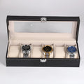 Black wooden watch display box with six clear windows for watch storage and presentation