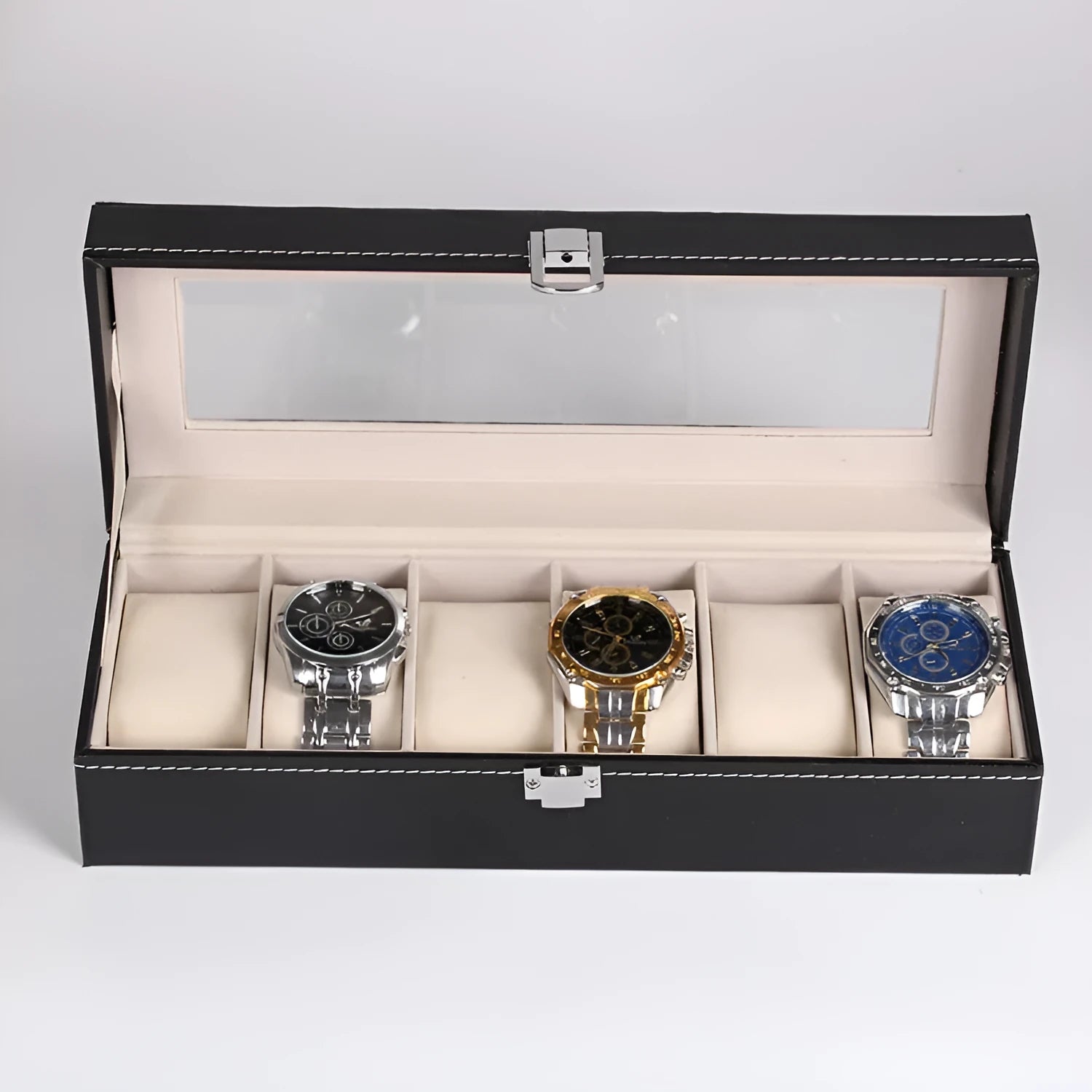 Black wooden watch display box with six clear windows for watch storage and presentation