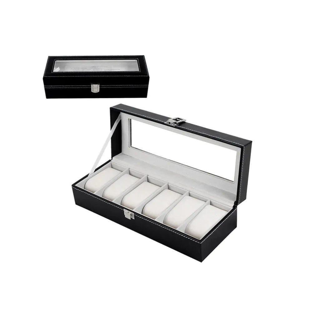 Black wooden watch display box with six clear windows for watch storage and presentation