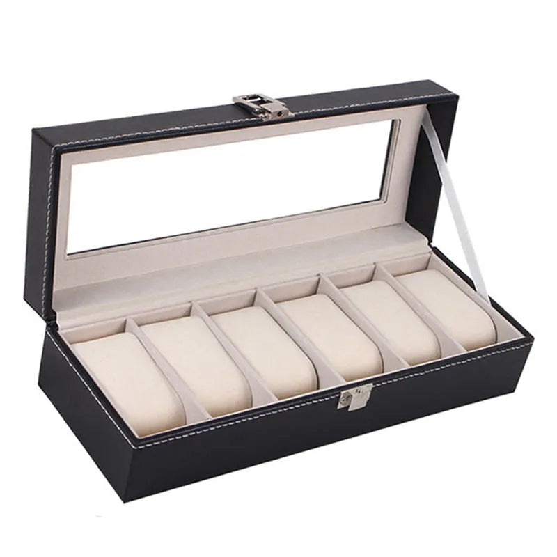 Black wooden watch display box with six clear windows for watch storage and presentation