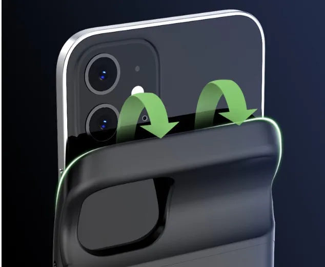 Black ultra-thin TPU back clip battery for iPhone 12 phones, showing clip and multi-U port.