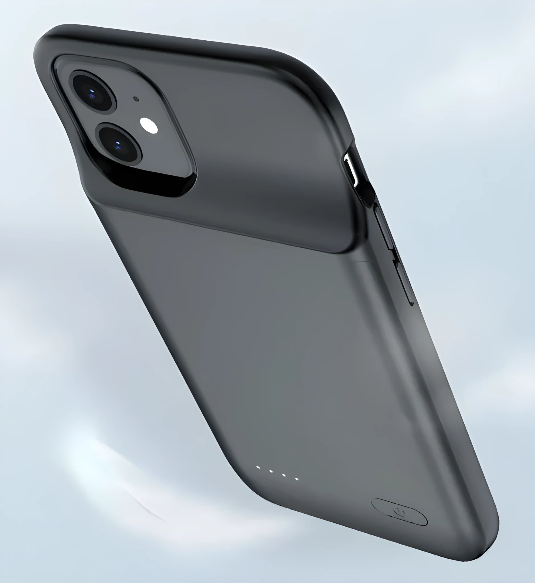 Black ultra-thin TPU back clip battery for iPhone 12 phones, showing clip and multi-U port.