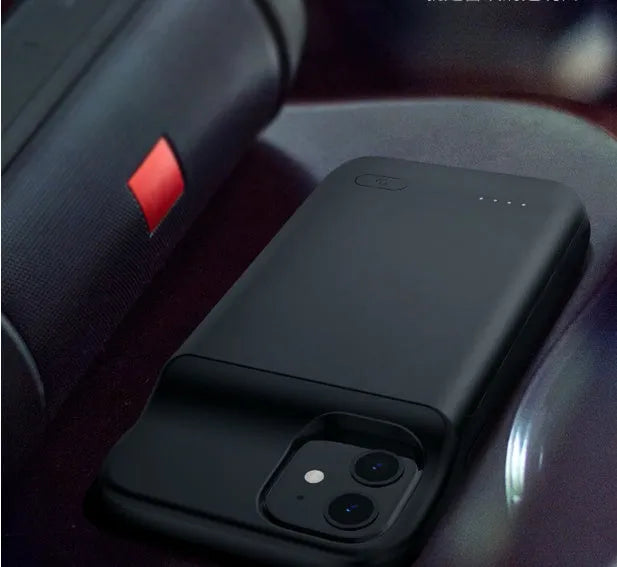 Black ultra-thin TPU back clip battery for iPhone 12 phones, showing clip and multi-U port.